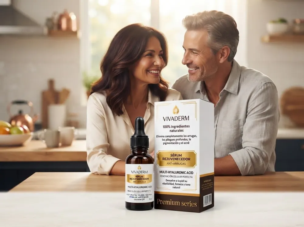 Pareja en la cocina con el estuche de Vivaderm Serum recién recibido
