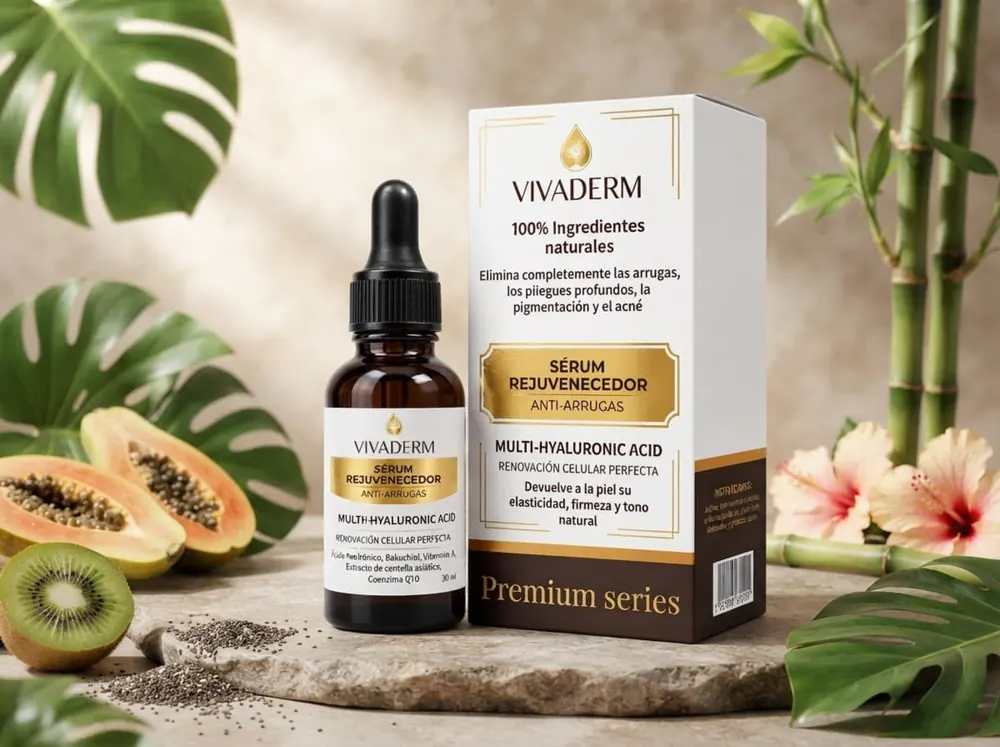 Frasco de Vivaderm Serum junto a frutas y hojas tropicales