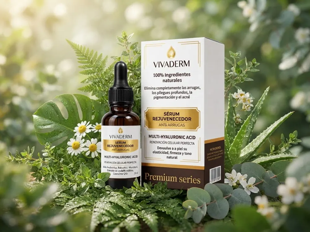 Frasco y estuche de Vivaderm Serum rodeados de hojas y flores