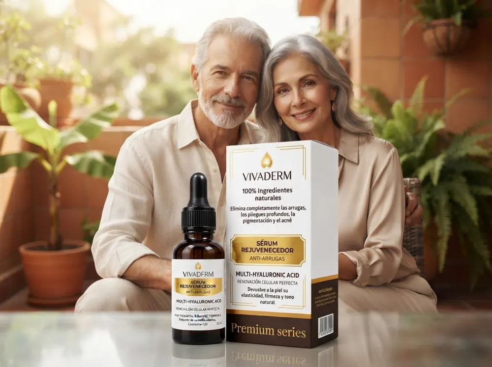 Pareja adulta en una terraza con el estuche de Vivaderm Serum sobre la mesa