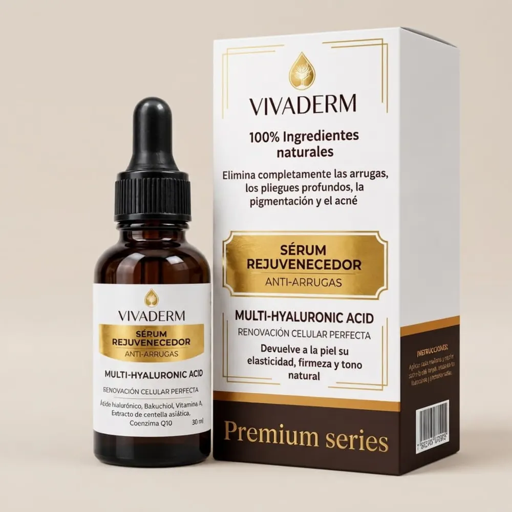 Estuche y frasco de Vivaderm Serum sobre fondo neutro