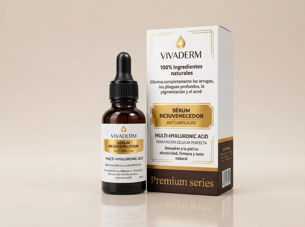 Frasco y estuche de Vivaderm Serum sobre fondo neutro