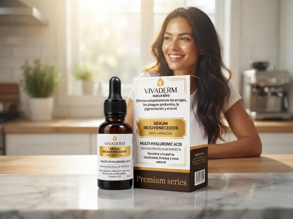 Mujer joven con el estuche de Vivaderm Serum sobre una mesa junto a la ventana