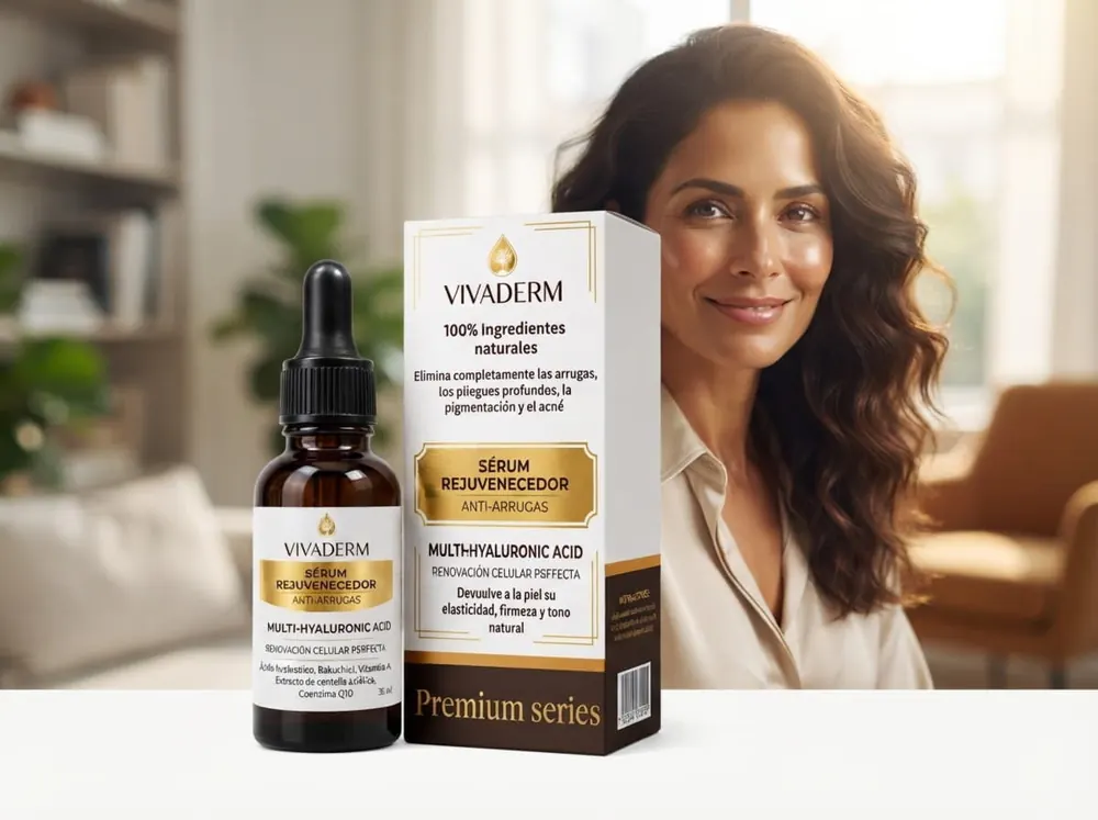 Mujer aplicándose la rutina facial en casa con Vivaderm Serum sobre la mesa
